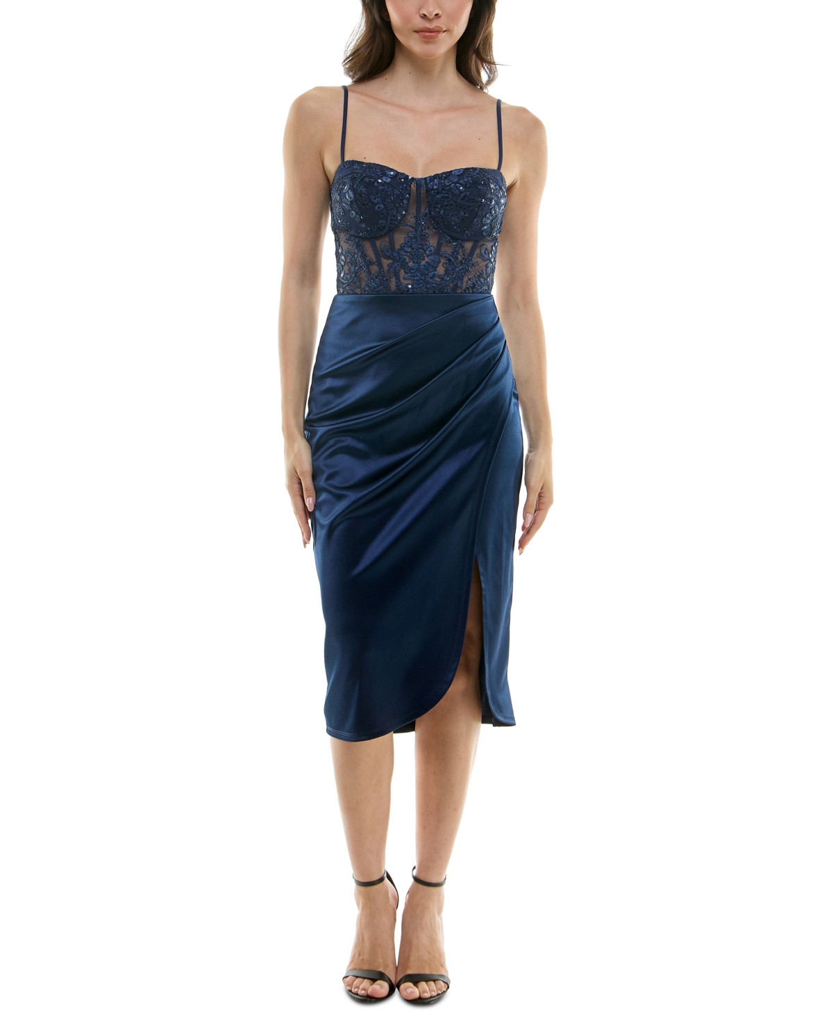 B Darlin Juniors' Sequined Lace Corset Midi Dress - Dark Navy | Macy's