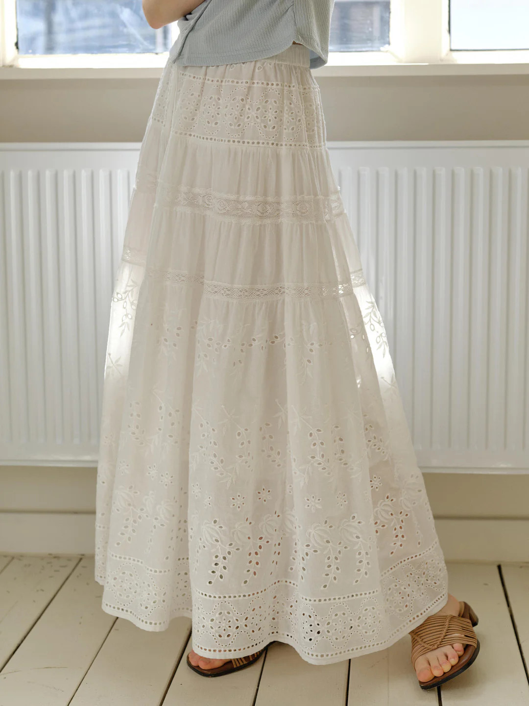 Samara Hollow Lace Embroidered 100% Cotton Skirt | Simple Retro