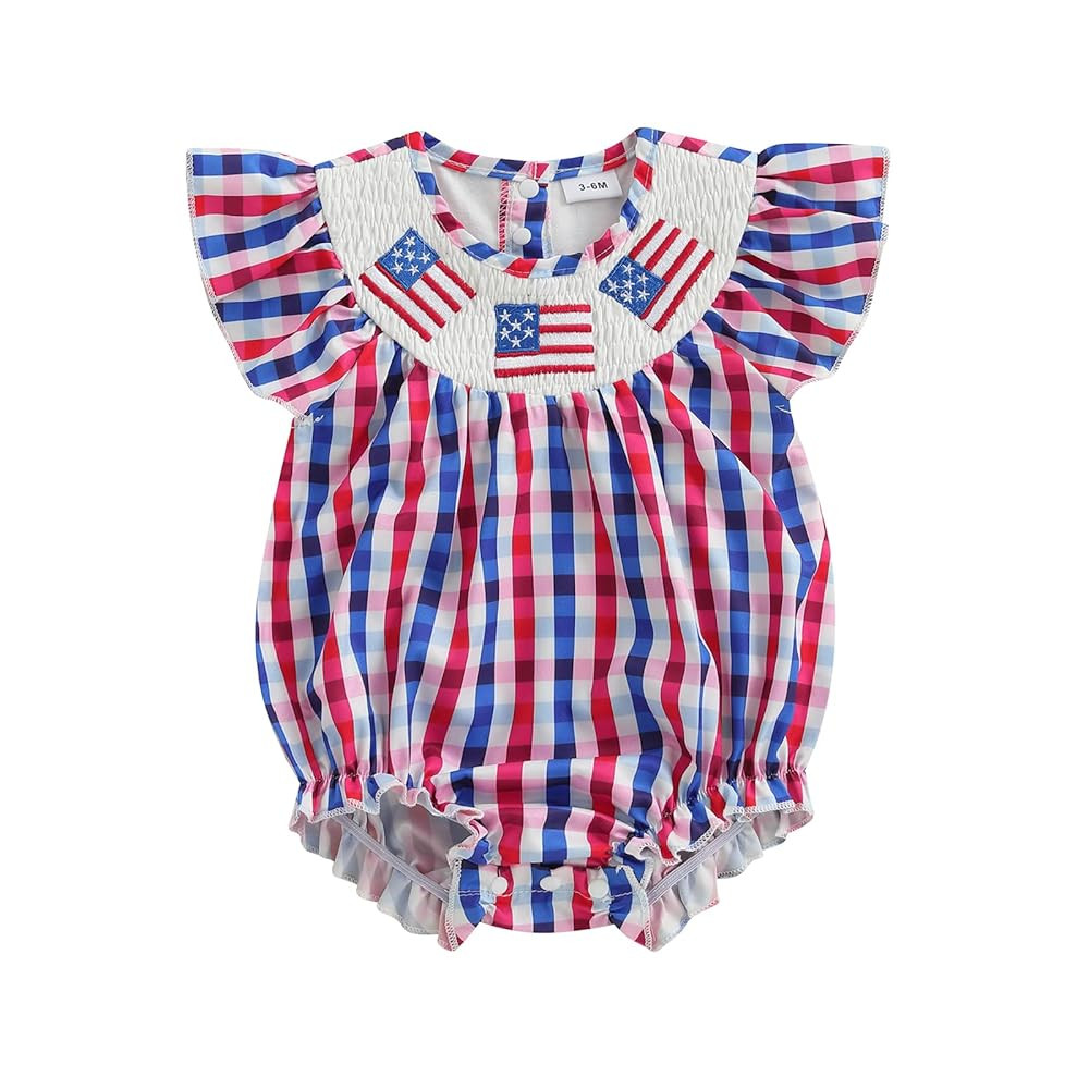 4th of July Baby Girl Outfits Plaid Print American Flag Romper Smocked Bodysuit Cute Newborn Four... | Amazon (US)