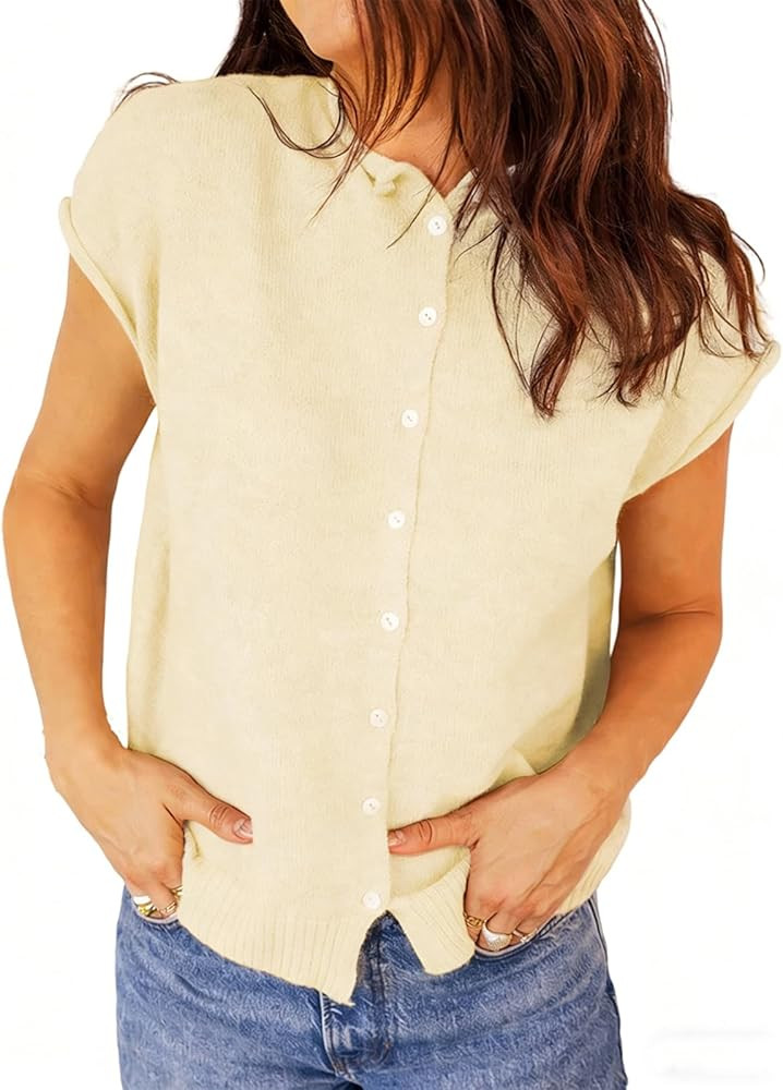 Womens Cropped Cardigan Cap Sleeve Sweater Vest Crew Neck Button Casual Lightweight Knit Vacation... | Amazon (US)