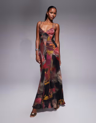 ASOS DESIGN printed mesh maxi dress with seam detail in blurred floral print | ASOS (Global)
