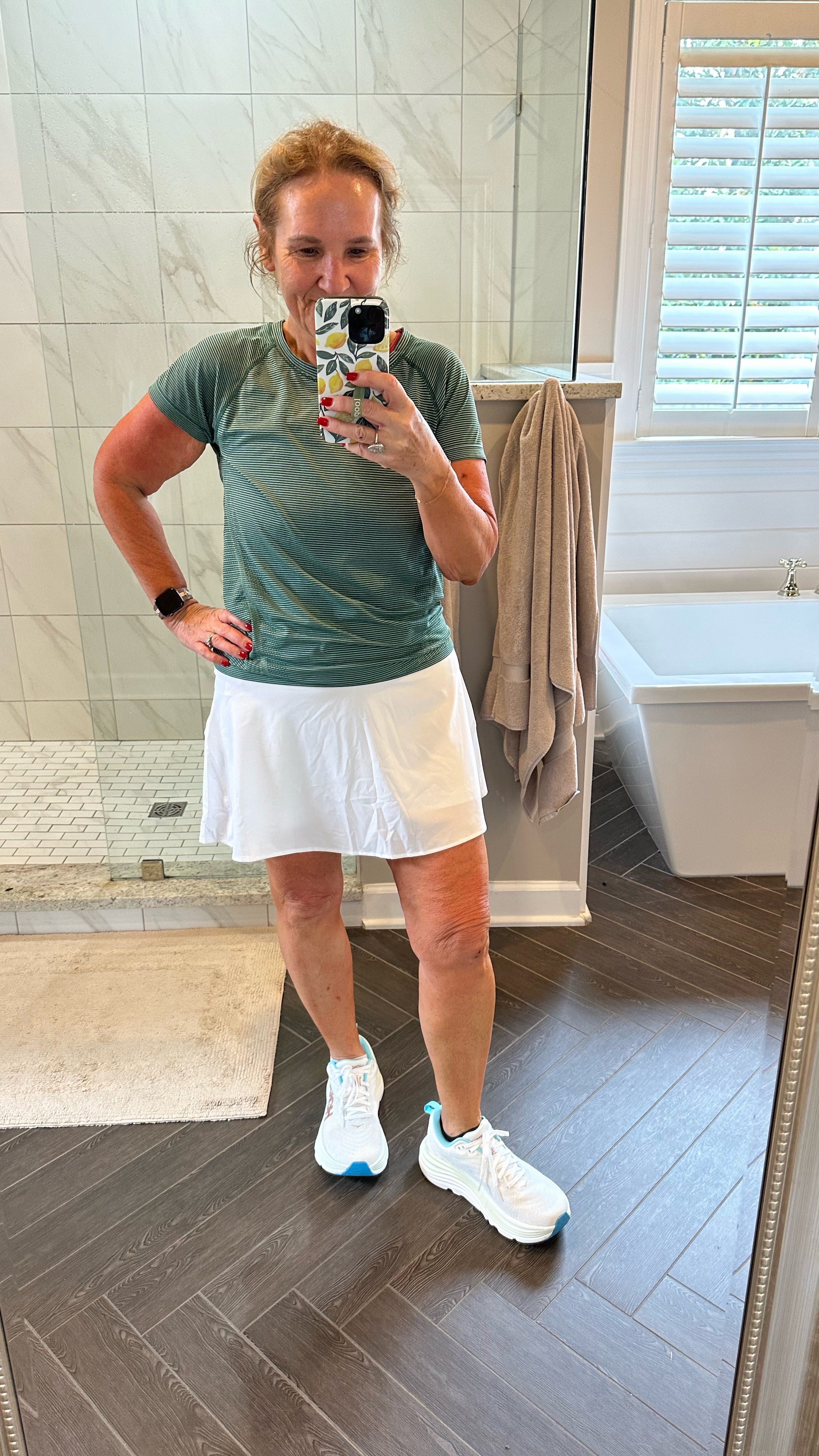 Running outfit activewear summer activewear

Lululemon skirt wearing size large I did size up 
Athleta momentum T-shirt, eyes size up in this as well 
Licking my favorite jog bra. Hook it in the back pull it over your head when you’re done working out and it’s all sweaty unhook it and pull it forward so that you’re not trying to wrestle with the drug bra to remove. 

I got a new pair of Hoka running shoes the same style as I had before I just needed a new pair. I can’t believe the difference. A new pair makes in cushioning highly recommend updating your activewear for summer activities in heat.

#LTKActive #LTKOver40 #LTKFindsUnder100