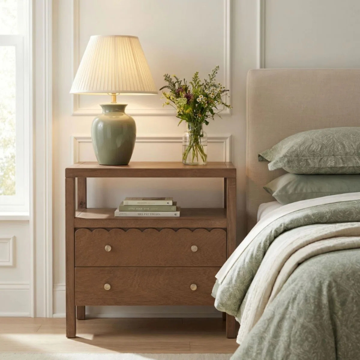 Vlad Scallop 2 Drawer Nightstand, Medium Brown | Wayfair North America