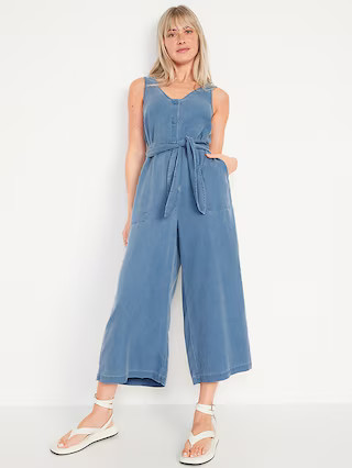 Sleeveless Voop-Neck Waist-Defined Jumpsuit for Women | Old Navy (US)