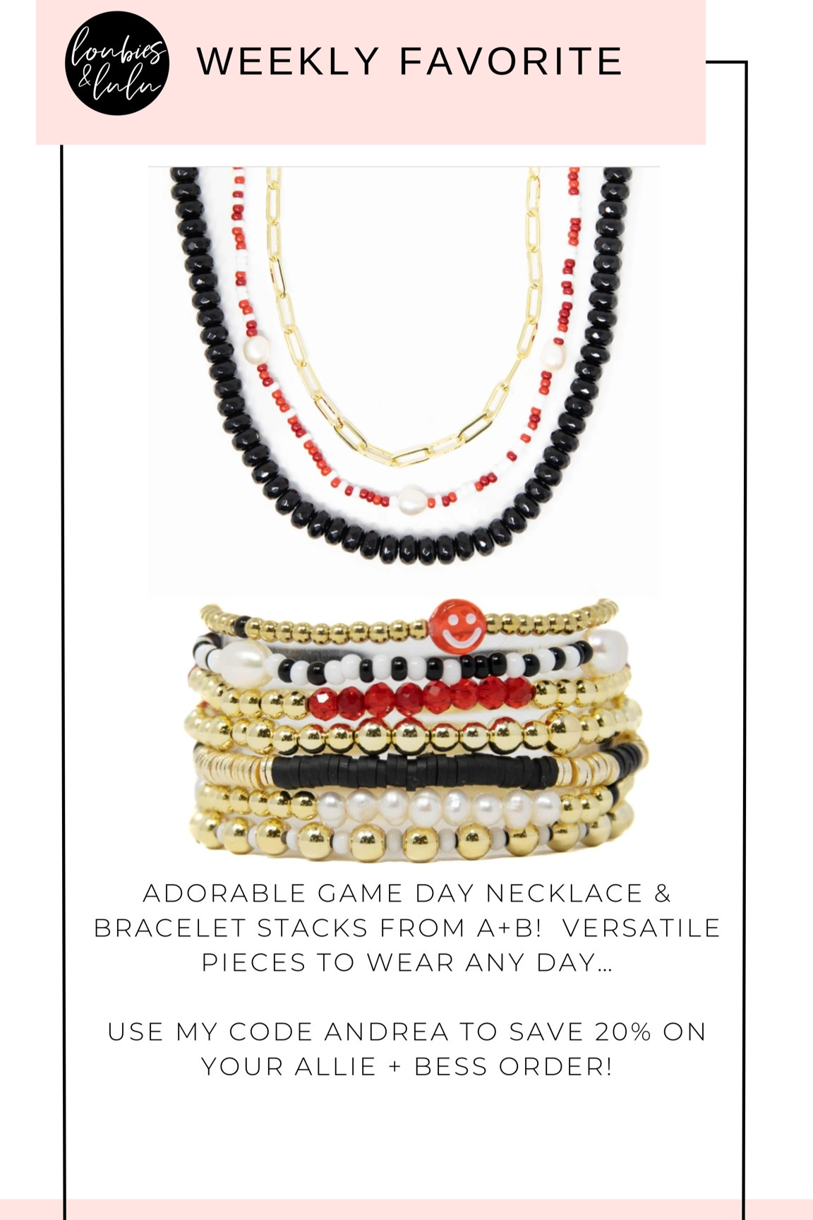 Best game day bracelets and necklaces from Allie + Bess! Save 29% with code Andrea 🏈❤️ available in all other team colors! 

#LTKU #LTKBacktoSchool #LTKunder100