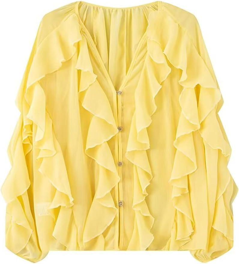 HangNiFang Ruffled Multi-Layered Summer Blouse for Women Trendy Semi See Through V-Neck Long Slee... | Amazon (US)