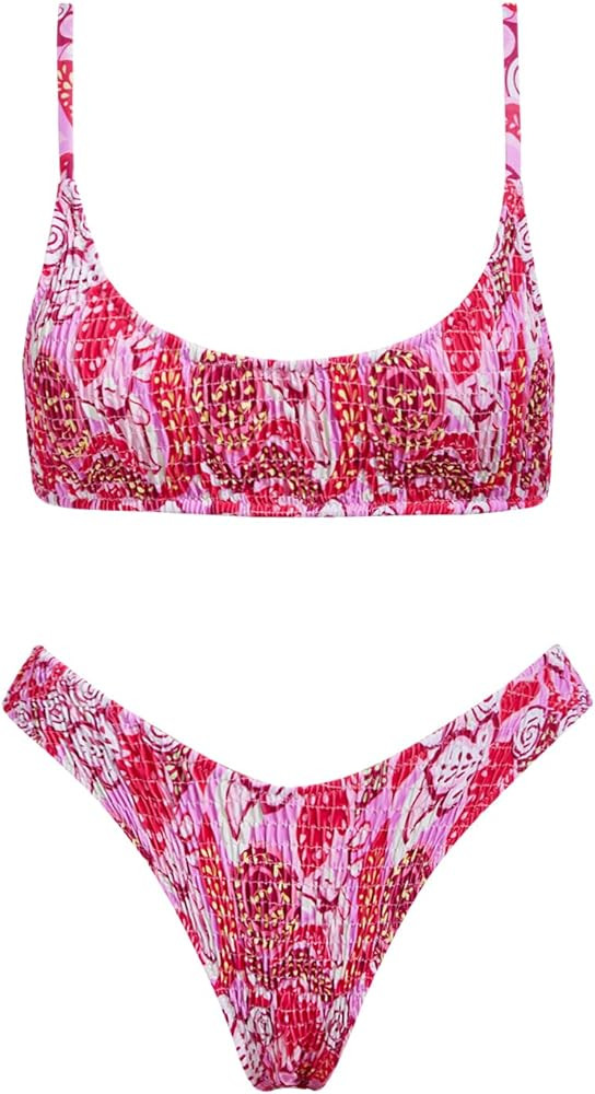 VOLAFA Women's Triangle Bikini Set Smocked Textured Scoop Frilled Print Ruched Elastic Swimsuit T... | Amazon (US)