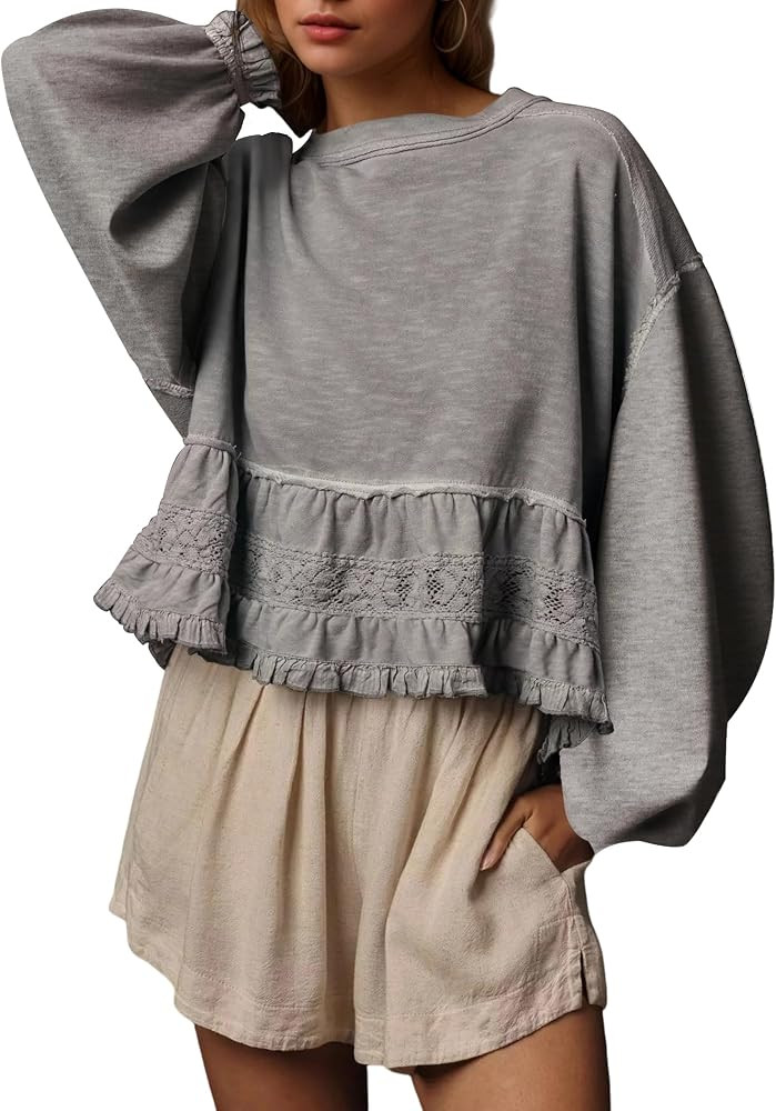 Women Oversized Peplum Sweatshirt Long Sleeve Crewneck Babydoll Top Casual Ruffle Lace Patchwork ... | Amazon (US)