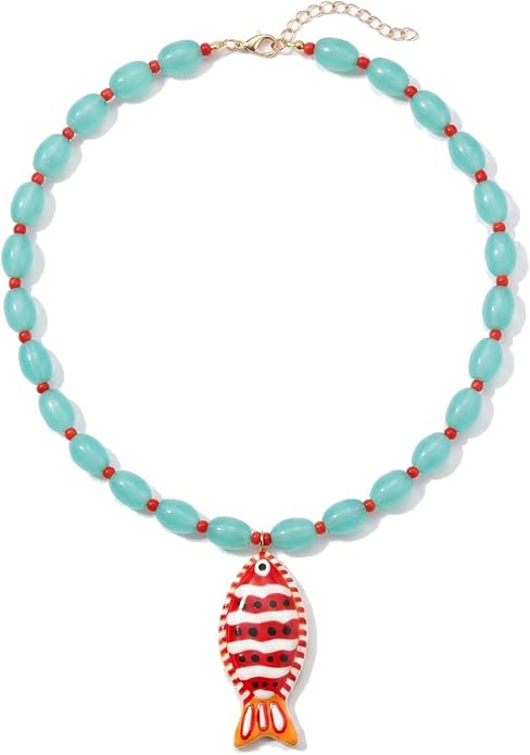 Boho Fish Necklace for Women Colorful Beaded Choker Necklace Fishs Pendant Necklace Chunky Beads ... | Amazon (US)