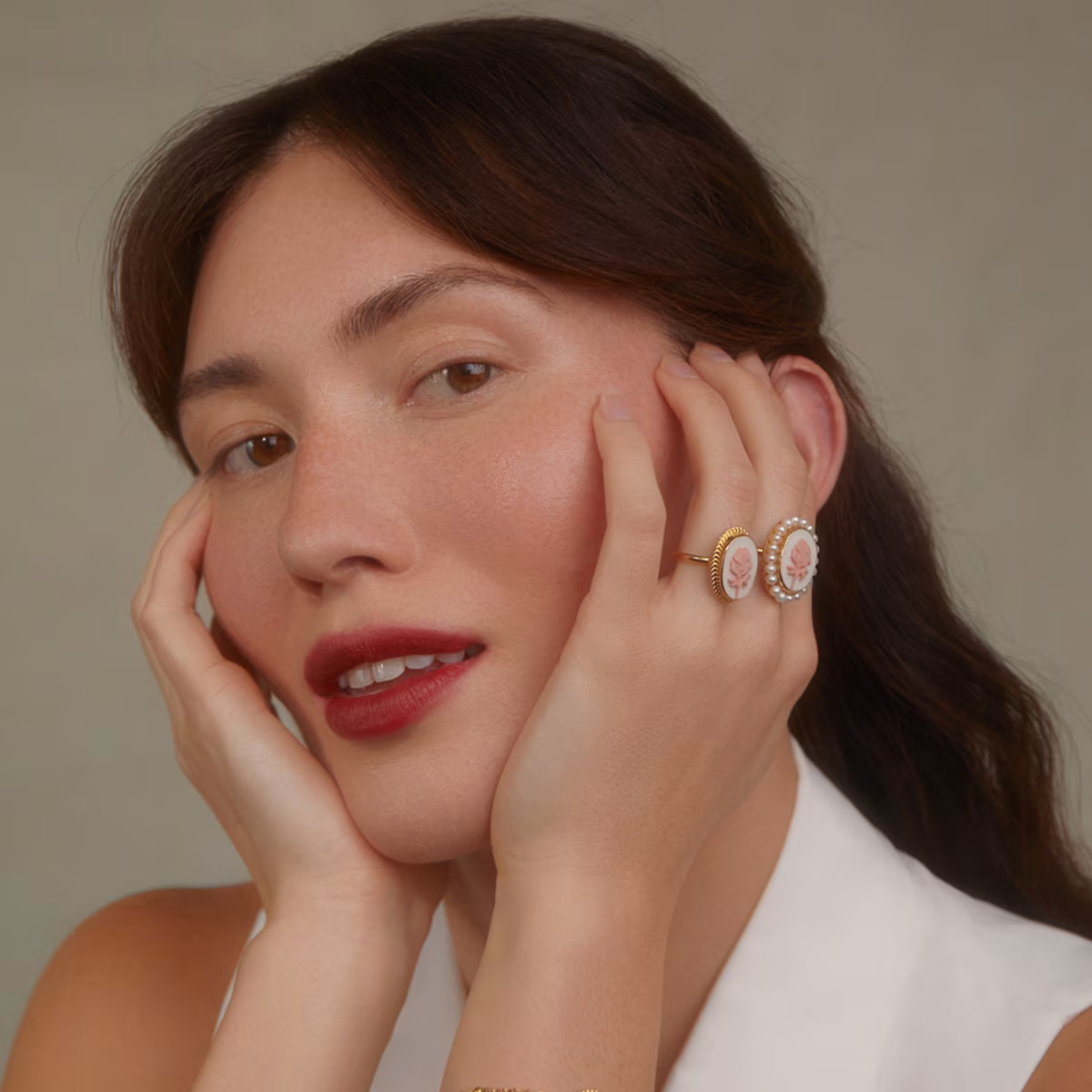 Gold-Plated Rose Cameo And Pearl Stacking Ring | Wolf & Badger