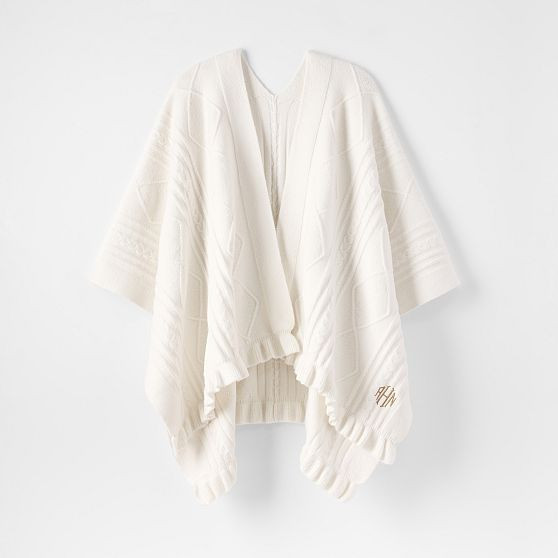 Cable Knit Ruffle Poncho, Ivory | Mark and Graham