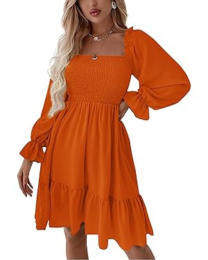 LYANER Women's Square Neck Lantern Long Sleeve Ruffle Shirred Flowy Party Mini Dress | Amazon (US)