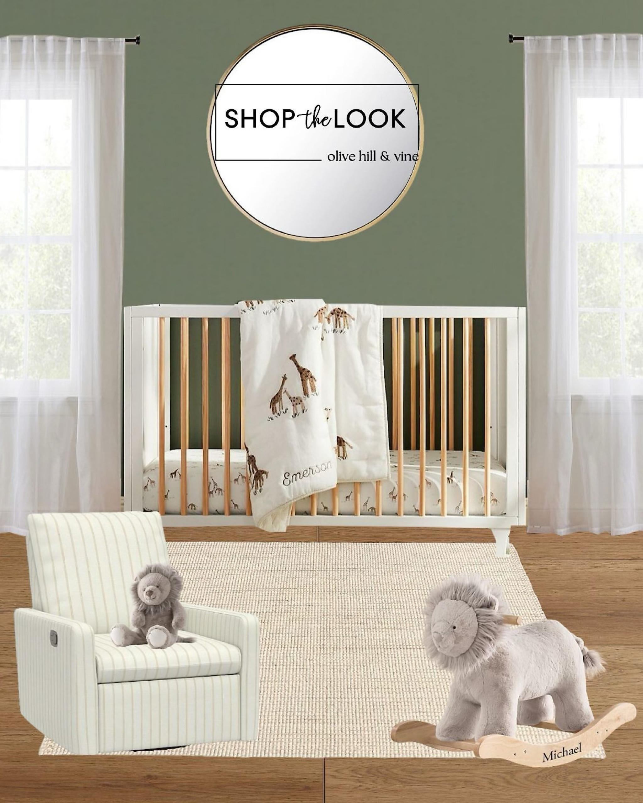 Meet your new favorite nursery, where wildlife meets style! A lush green accent wall, charming giraffe bedding, and a snuggly lion rocker set the scene. Add a convertible crib, chic jute rug, and subtle animal accents for a space that's whimsical yet sophisticated. 

#LTKHome #LTKBump #LTKBaby