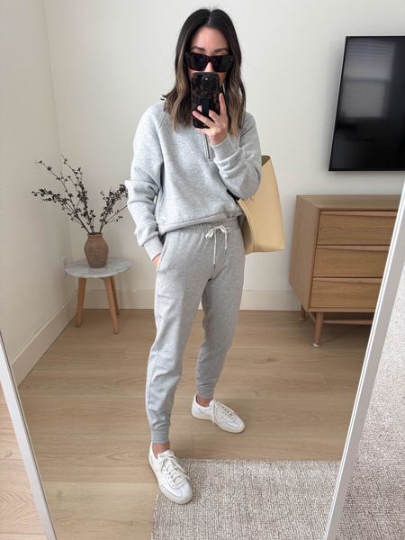 
Vuori Performance Joggers  in grey heather. These joggers are great, so comfy and soft. More of a mid rise though and I need a high rise. Run TTS.

Vuori Restore Half Zip Hoodie - Obsessed with this hoodie. Thick, warm and soft. Love the cropped length - tucks into high rise shorts, legging so well. Not restrictive. Runs TTS. 

Vuori Restore half zip xs
Vuori Performance joggers xs
Adidas Spezial 4 mens
Masur Gavriel Tote 
Celine Sunglasses

Athleisure, petite style 

#LTKActive #LTKfitness