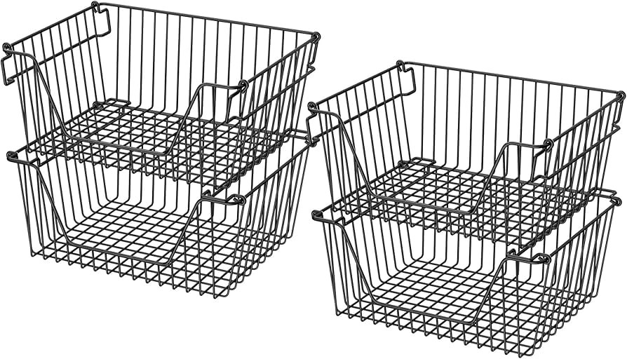Stackable Wire Metal Baskets Sturdy Cabinet Organizer Wire Pantry Freezer Bin with Handle for Kit... | Amazon (US)