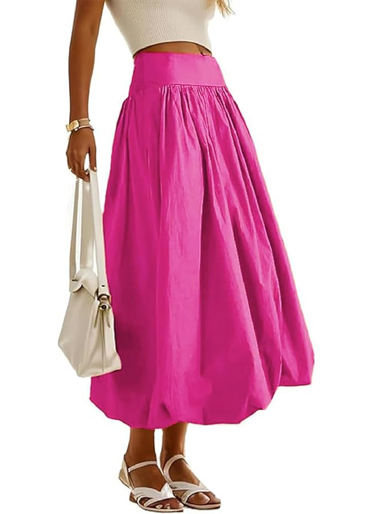 Women's Bubble Long Skirt Elastic Waist A-Line Pleated Ruffle Flowy Balloon Maxi Skirts with Pock... | Amazon (US)