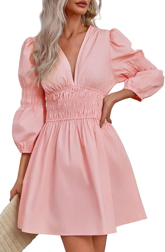 Fisoew Women's Deep V Neck Mini Dress Casual Puff Long Sleeve Smocked Waist Short Dresses | Amazon (US)