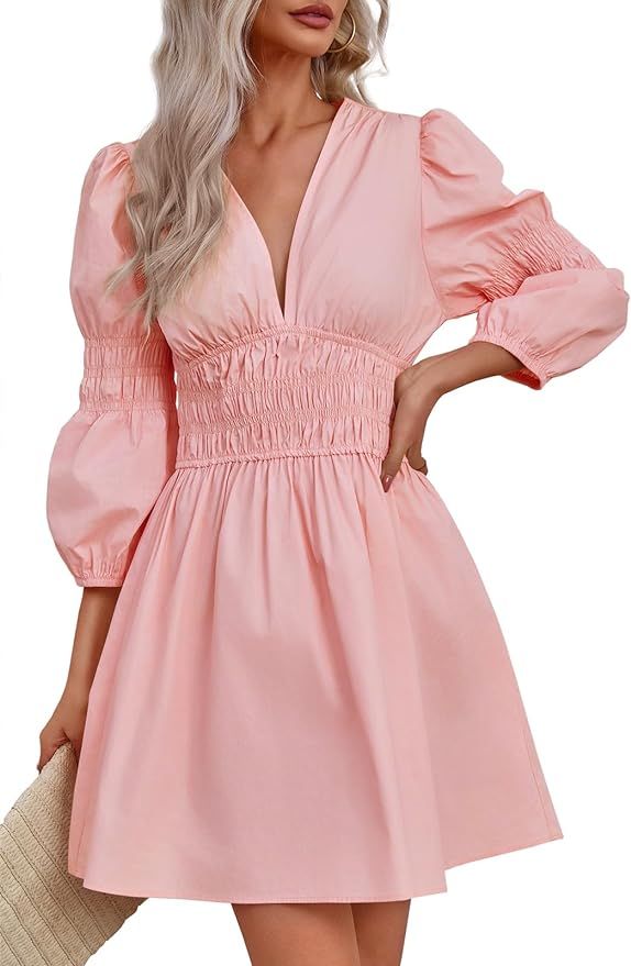Fisoew Women's Deep V Neck Mini Dress Casual Puff Long Sleeve Smocked Waist Short Dresses | Amazon (US)