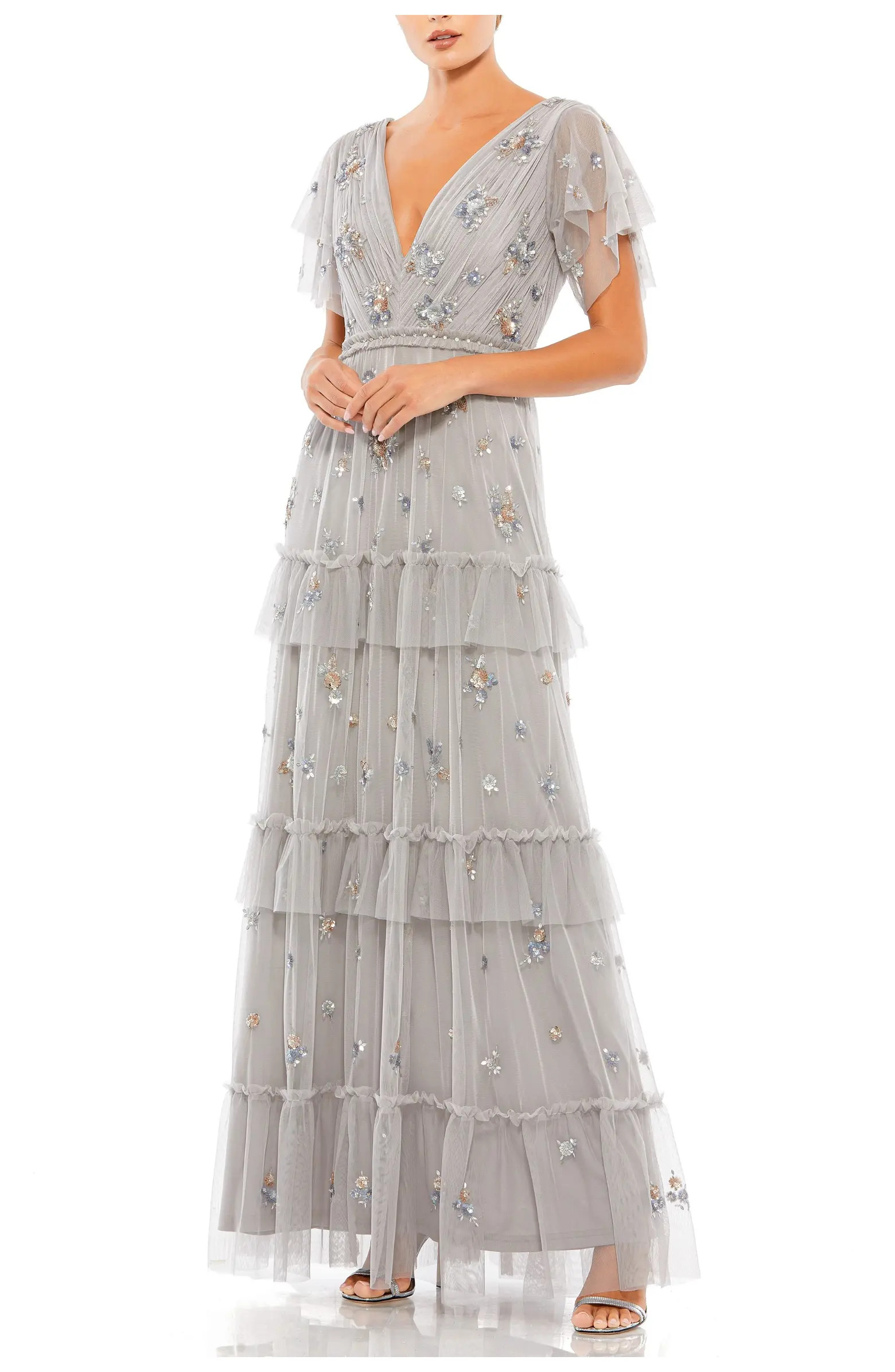 Ruffle Tiered Embellished Flutter Sleeve Gown | Nordstrom