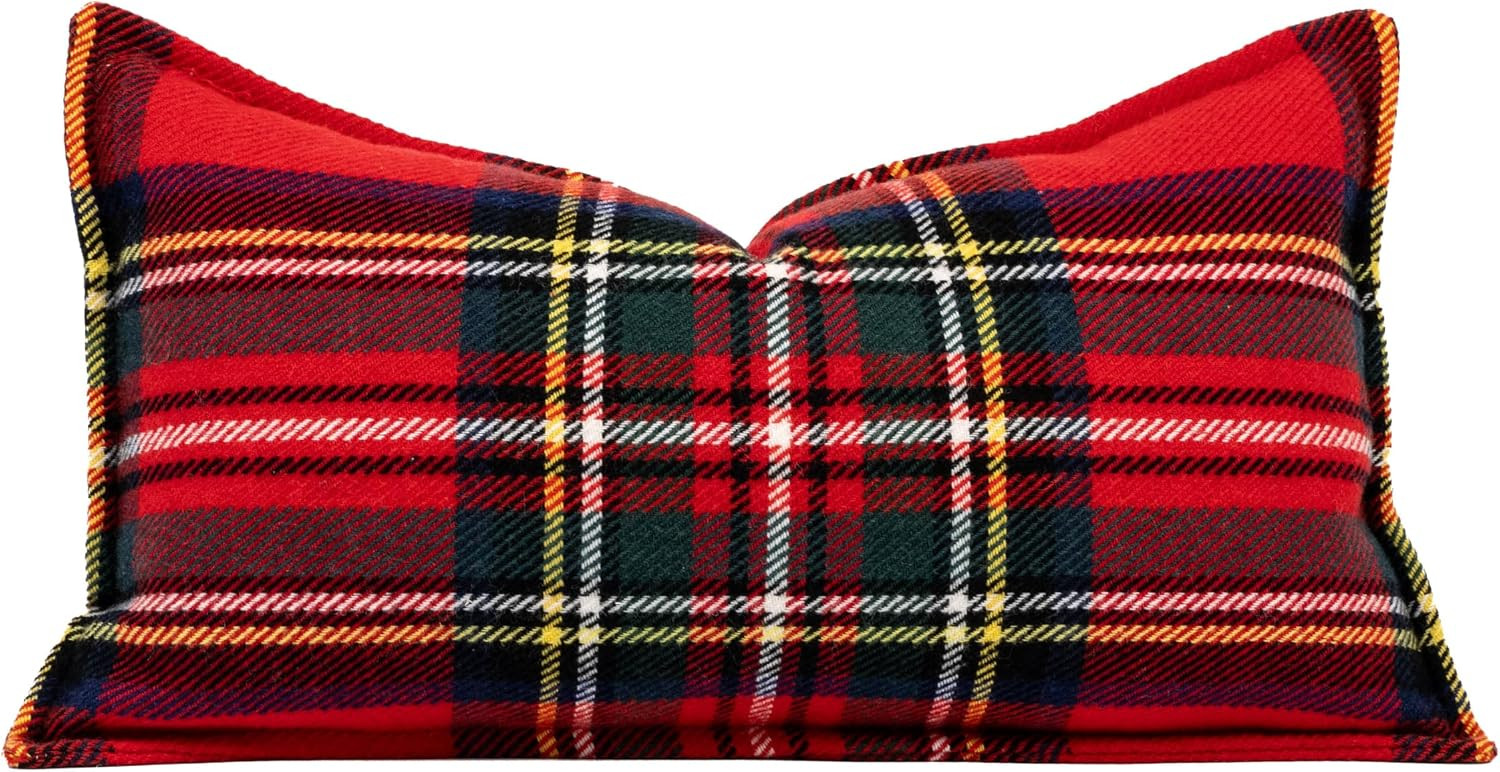 Hofdeco Premium Merino Wool Tartan Lumbar Pillow Cover, 12x20, Red Navy | Amazon (US)