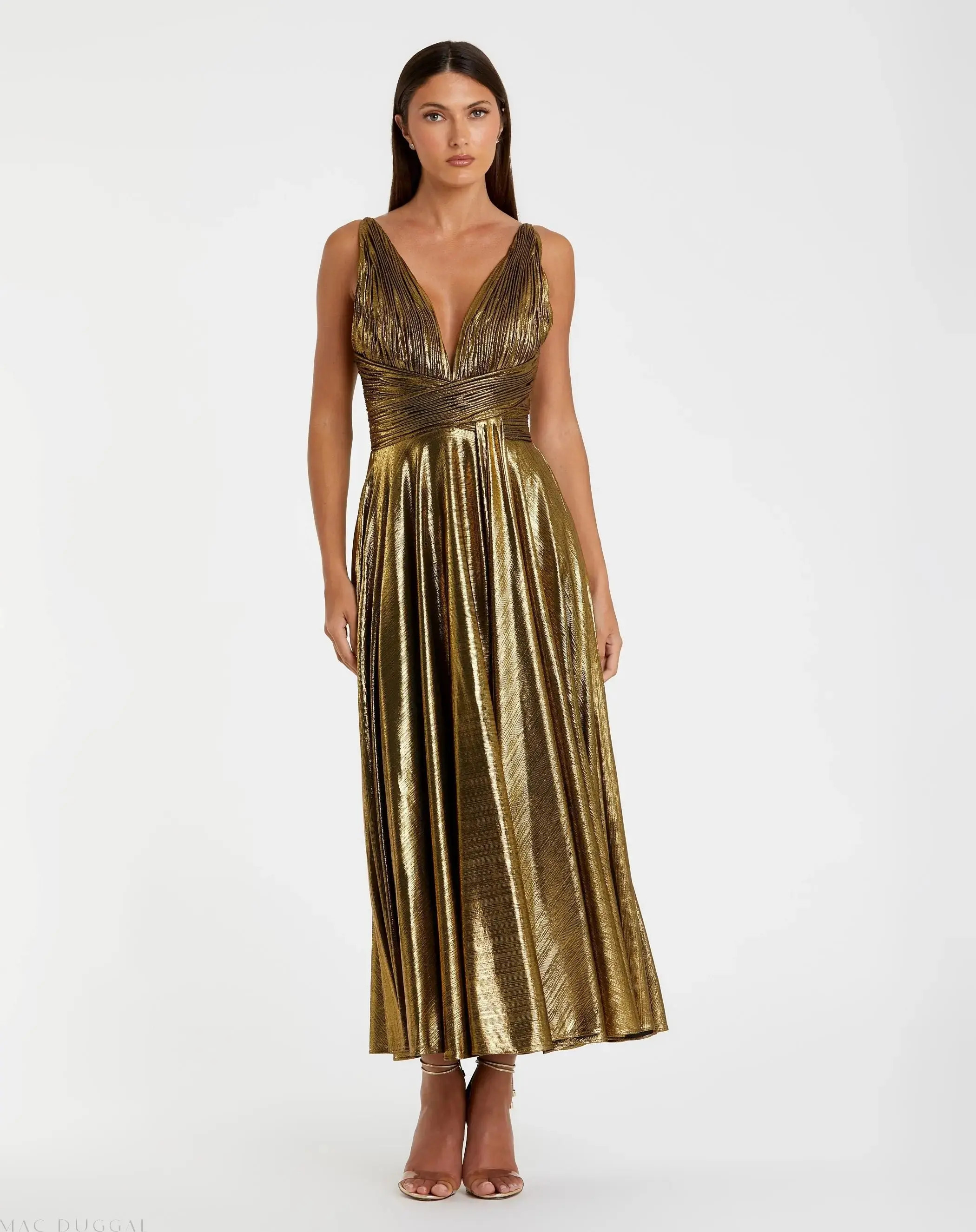 Gold Sleeveless V Neck Pleated Top Metallic Dress | Mac Duggal