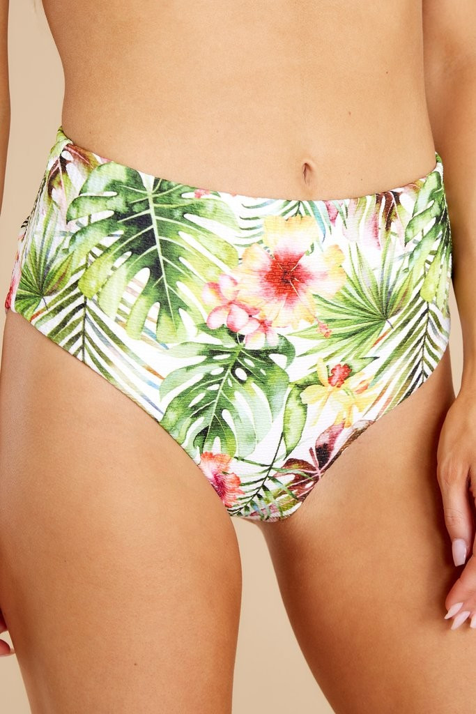Palm Tree Shade White Tropical Print Bikini Bottoms | Red Dress 