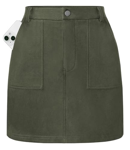 Kate Kasin Women Army Green Skirt, Mini Pencil Skirt, High Waisted Suede Skirts with Pockets XL | Amazon (US)