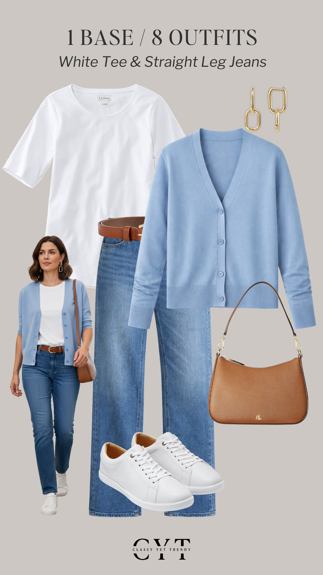 1 Base, 8 Outfits 🎉 8 ways to wear two classic and timeless wardrobe staples: a white tee and straight leg jeans ✔️ Mix and match layers, shoes and accessories to create different looks. 
All clothes, shoes and accessories are in the Smart Elevated Casual Spring 2026 Capsule Wardrobe 🌸

how to style, outfit ideas, elevated outfit, wardrobe essentials, cardigan, jacket, captains blazer, casual sneakers, ballet flats, loafers

#outfitideas #outfitinspiration #capsulewardrobe #everydaystyle #smartcasualstyle

 

 #LTKootd #LTKmomlife #LTKWorkwear