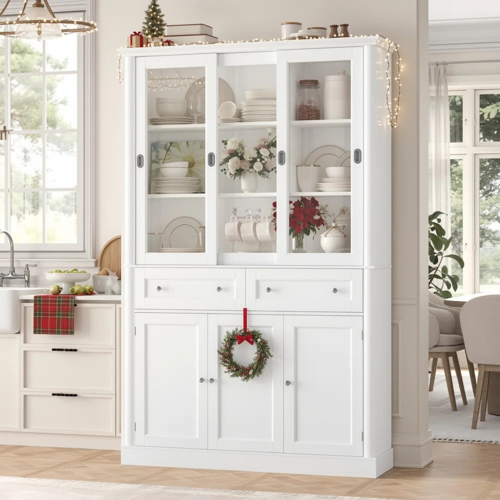 73.5”h Tall Pantry Cabinet With Sliding Glass Doors & Drawers, Water-resistant Kitchen Storage ... | Wayfair North America