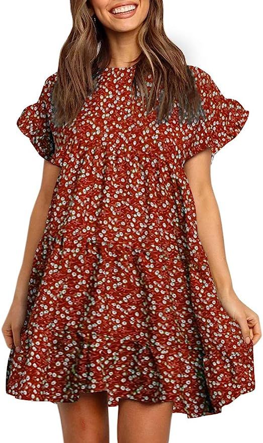 Imysty Womens Boho Floral Printed Babydoll Ruffles Casual Loose Short Mini T-Shirt Dress | Amazon (US)