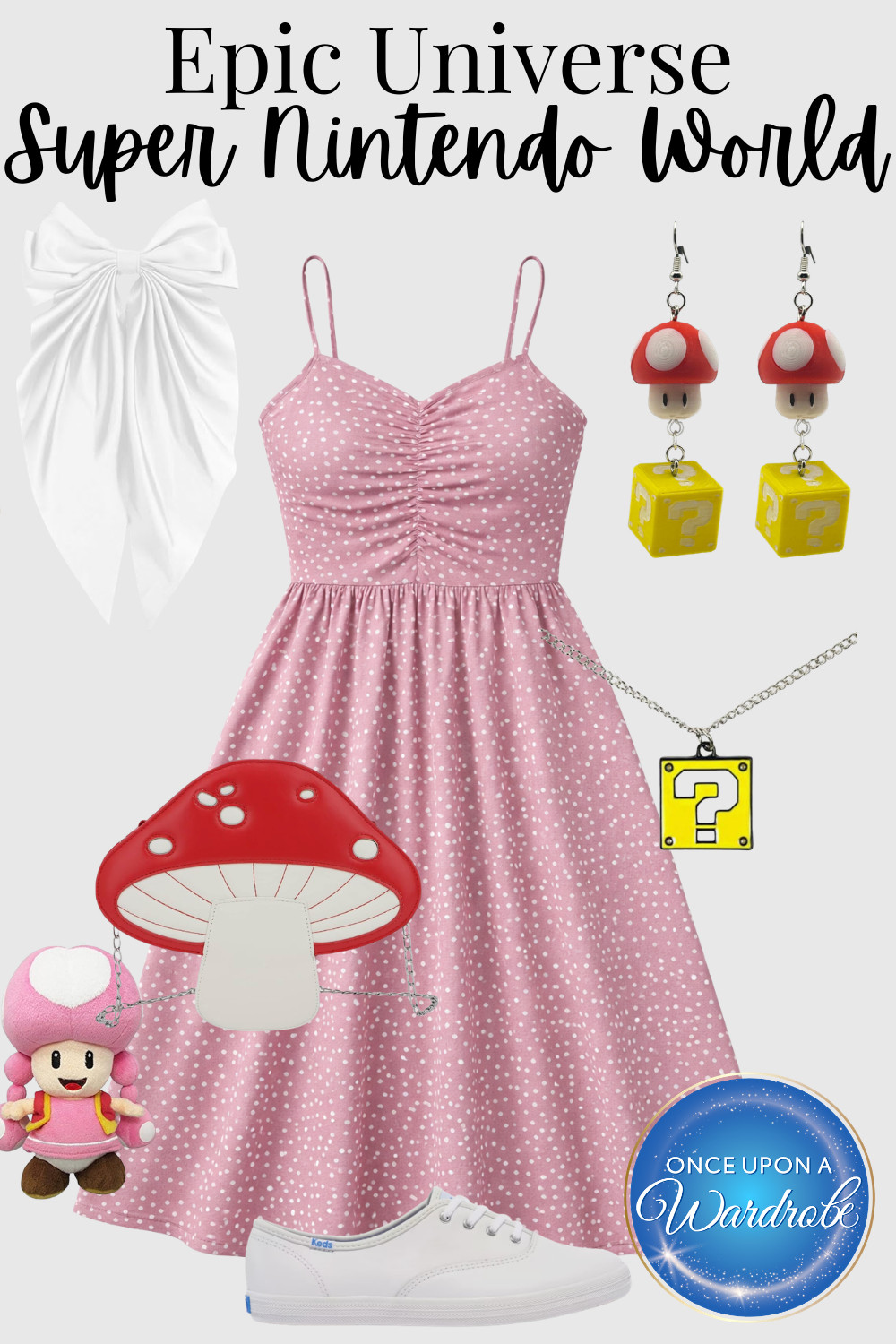 This Toadette-inspired look is such a fun option for Super Nintendo World at Epic Universe 🍄🎮

The pink polka dot dress gives a playful Toadette vibe, while the mushroom bag, question block necklace, and Nintendo-inspired earrings add the perfect themed details. Paired with simple white sneakers, this outfit is comfortable enough for a full park day while still feeling cute and on-theme for photos around the land.

If you’re planning Super Nintendo World outfits or looking for Epic Universe outfits that feel themed without being a full costume, this Toadette outfit is such a fun and wearable choice. 

 #LTKTravel