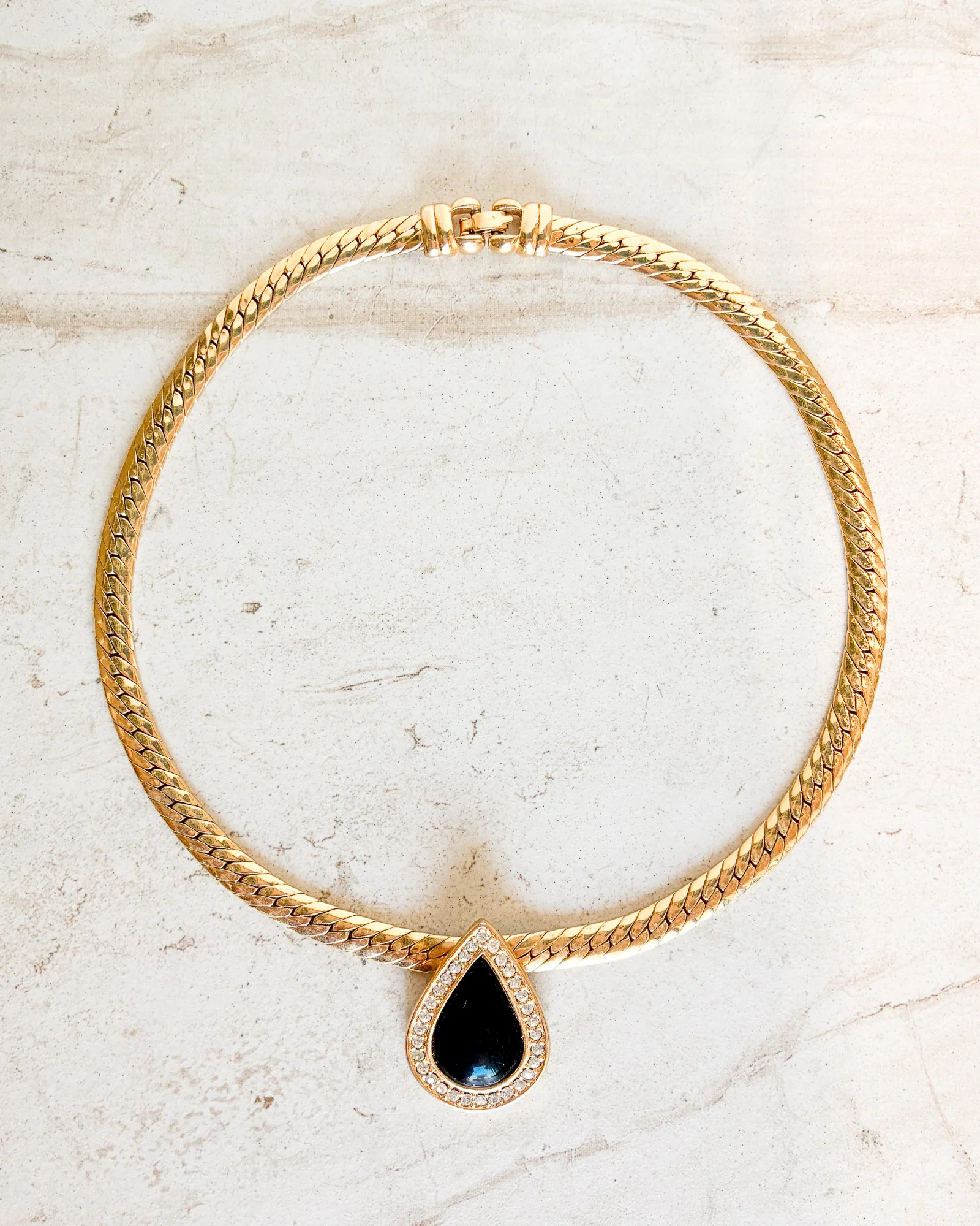 Vintage Signed Black Enamel Teardrop Crystal Necklace | Care Tucker