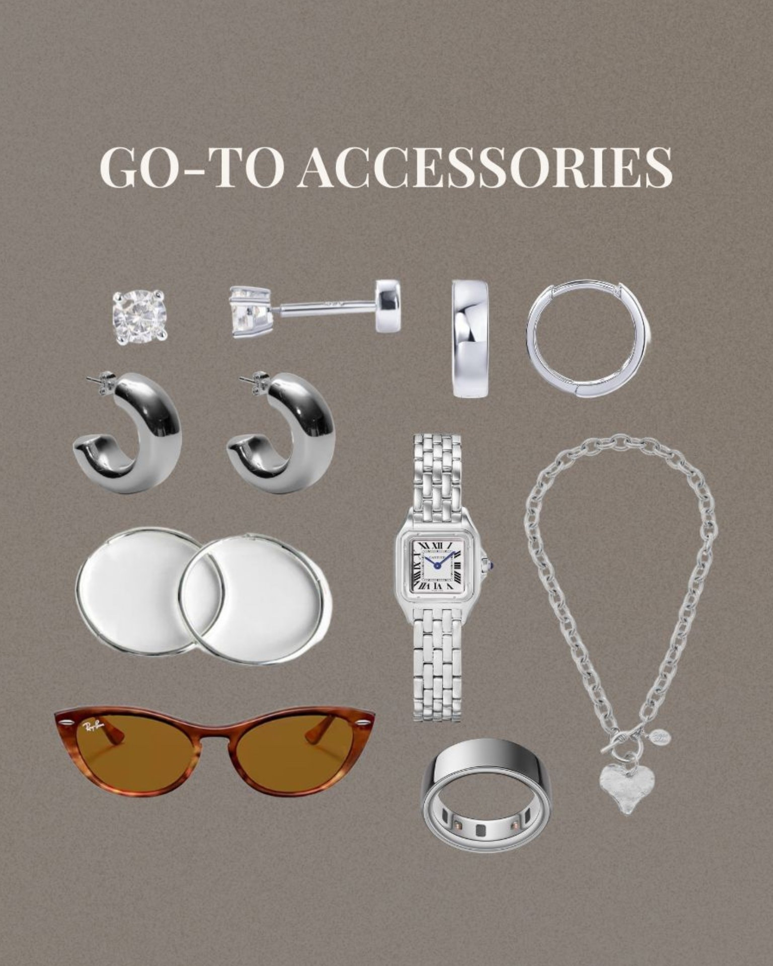 Go to accessories - silver jewelry roundup! 

RAYBAN sunglasses/ cat eye sunglasses 
Silver earrings 
Silver necklace/heart necklace 
Silver oura ring
Cartier panthers watch 
Hoop earrings 

#LTKgrwm #LTKootd #LTKdayinmylife