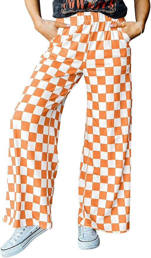 Acelitt Womens Casual Checkered Pants Elastic Waist Comfy Loose Wide Leg Pants with Pockets | Amazon (US)