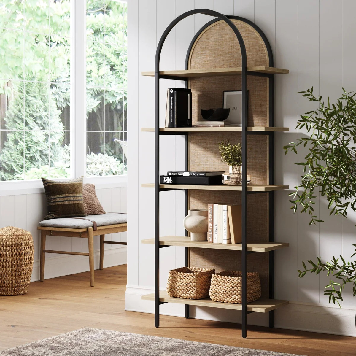 Boho Rattan & Wood Arched Bookshelf | Nathan James