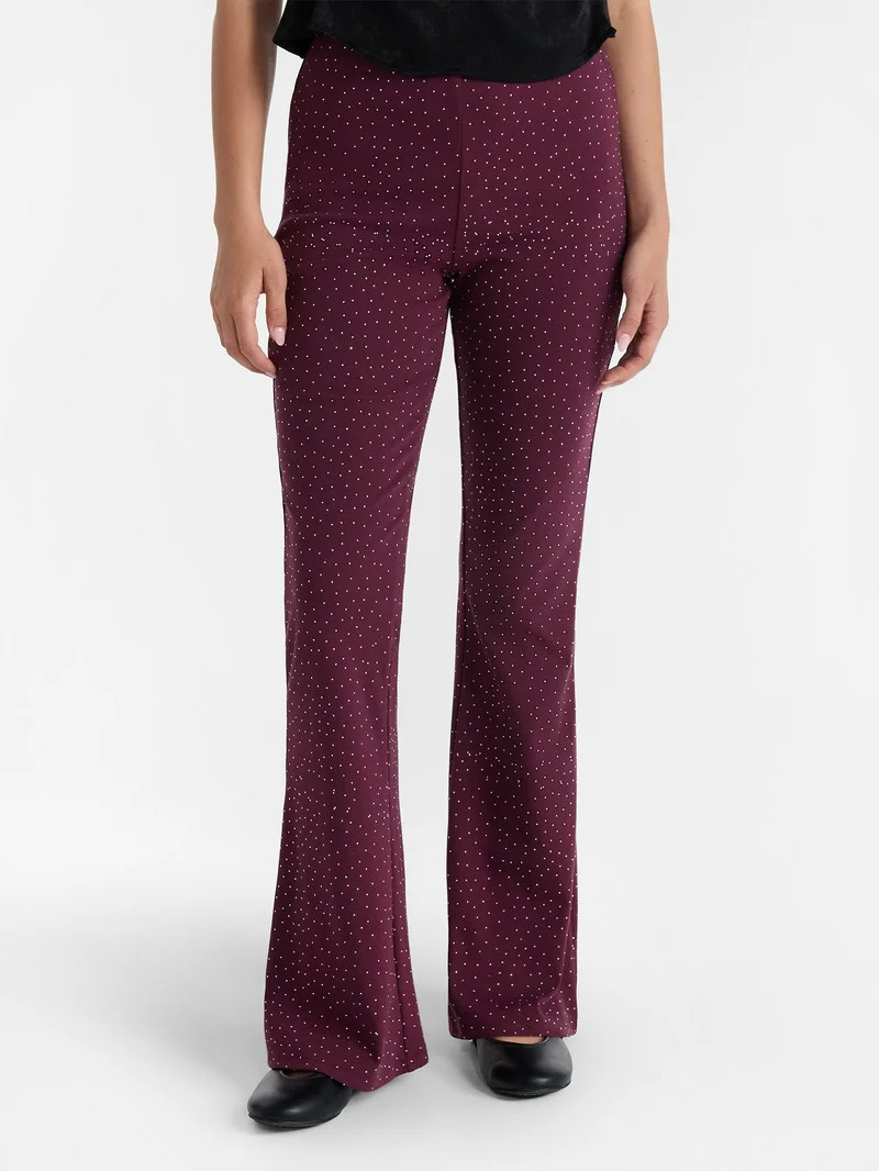No Boundaries Faux Rhinestone Studded Ribbed Flare Pants, 31'' Inseam, Women's | Walmart (US)