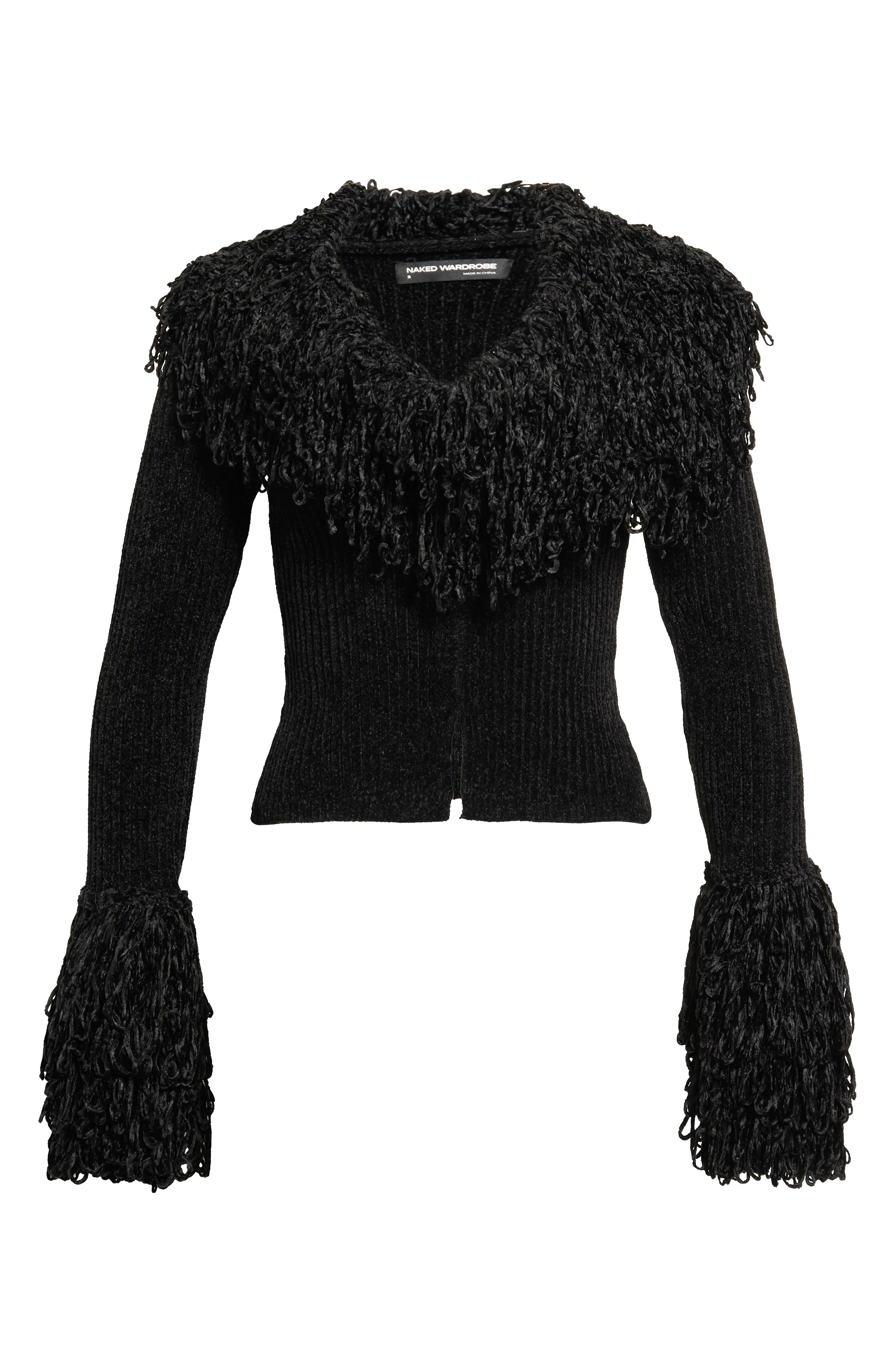 Naked Wardrobe Loop Fringe Ribbed Cardigan in Plum at Nordstrom, Size Medium | Nordstrom