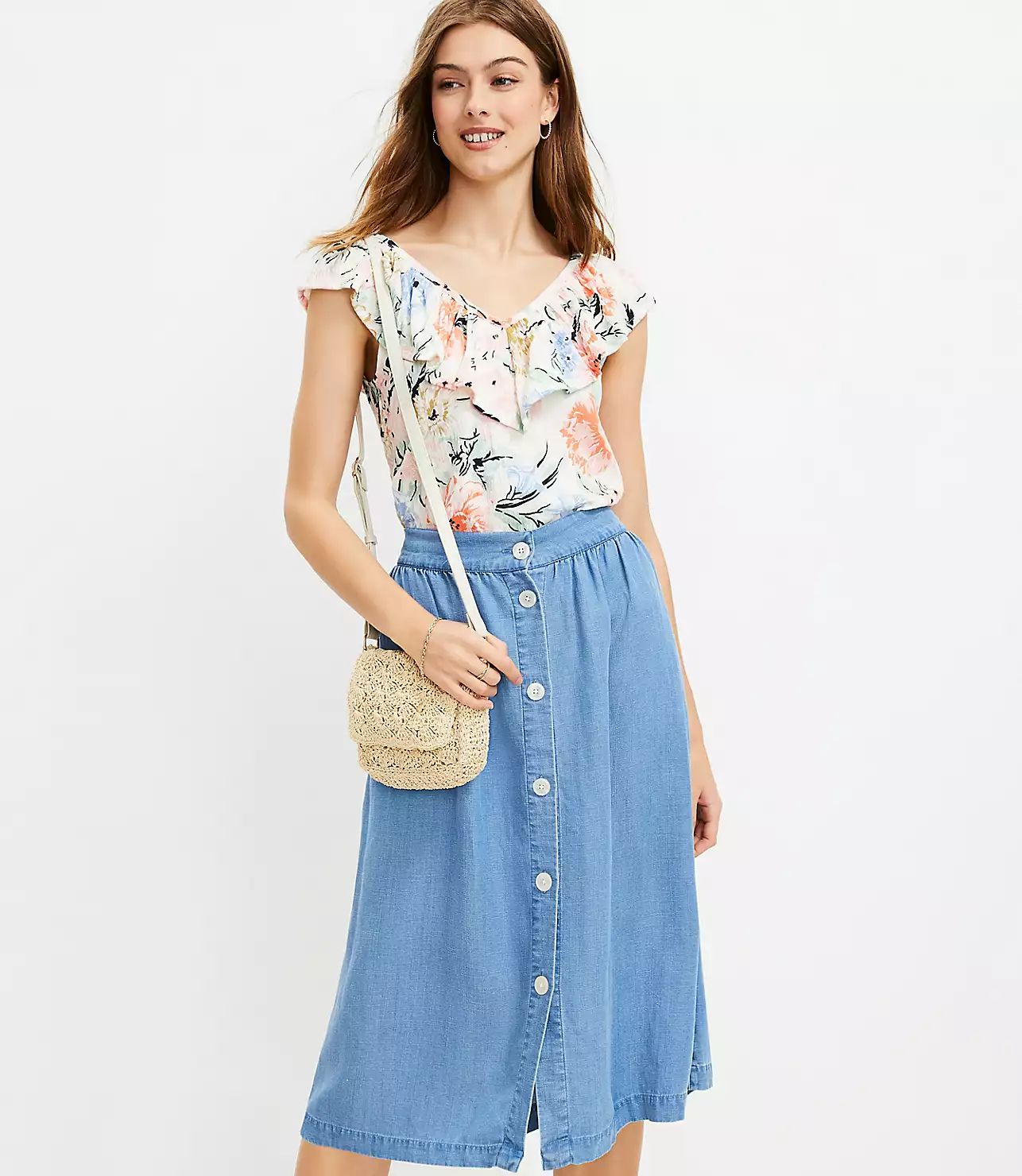 Chambray Button Pocket Midi Skirt | LOFT