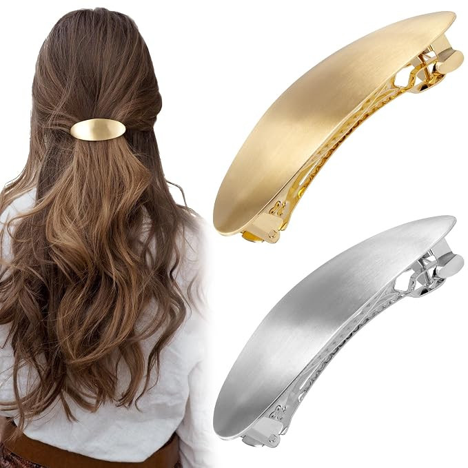 2pcs 3inch French Metal Oval Hair Barrettes for Women, Non-Slip Simple Large Hair Clip, Vintage G... | Amazon (US)