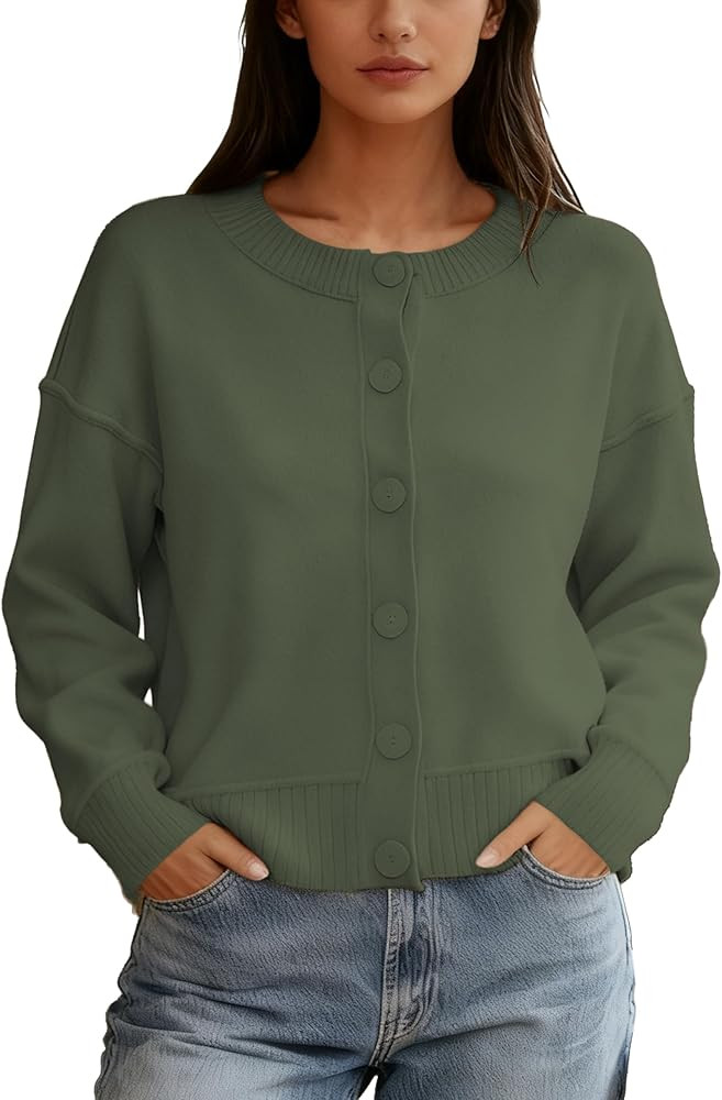 Womens Crewneck Cardigan Sweaters Button Up Long Sleeve Knitted Outerwear Fall Trendy Cropped Kni... | Amazon (US)