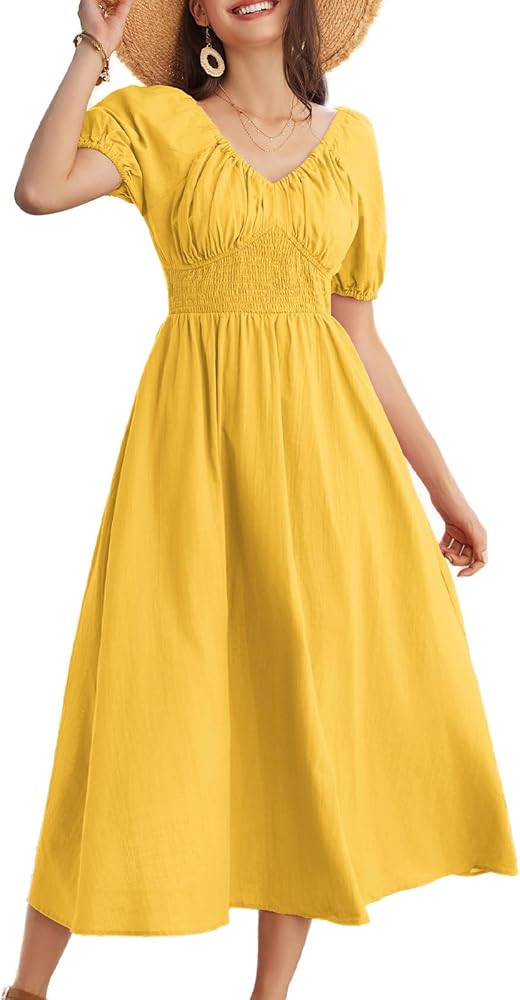 GRACE KARIN 2024 Women's Summer V Neck Smocked Cotton Dresses Short Puff Sleeve Flowy A Line Maxi... | Amazon (US)