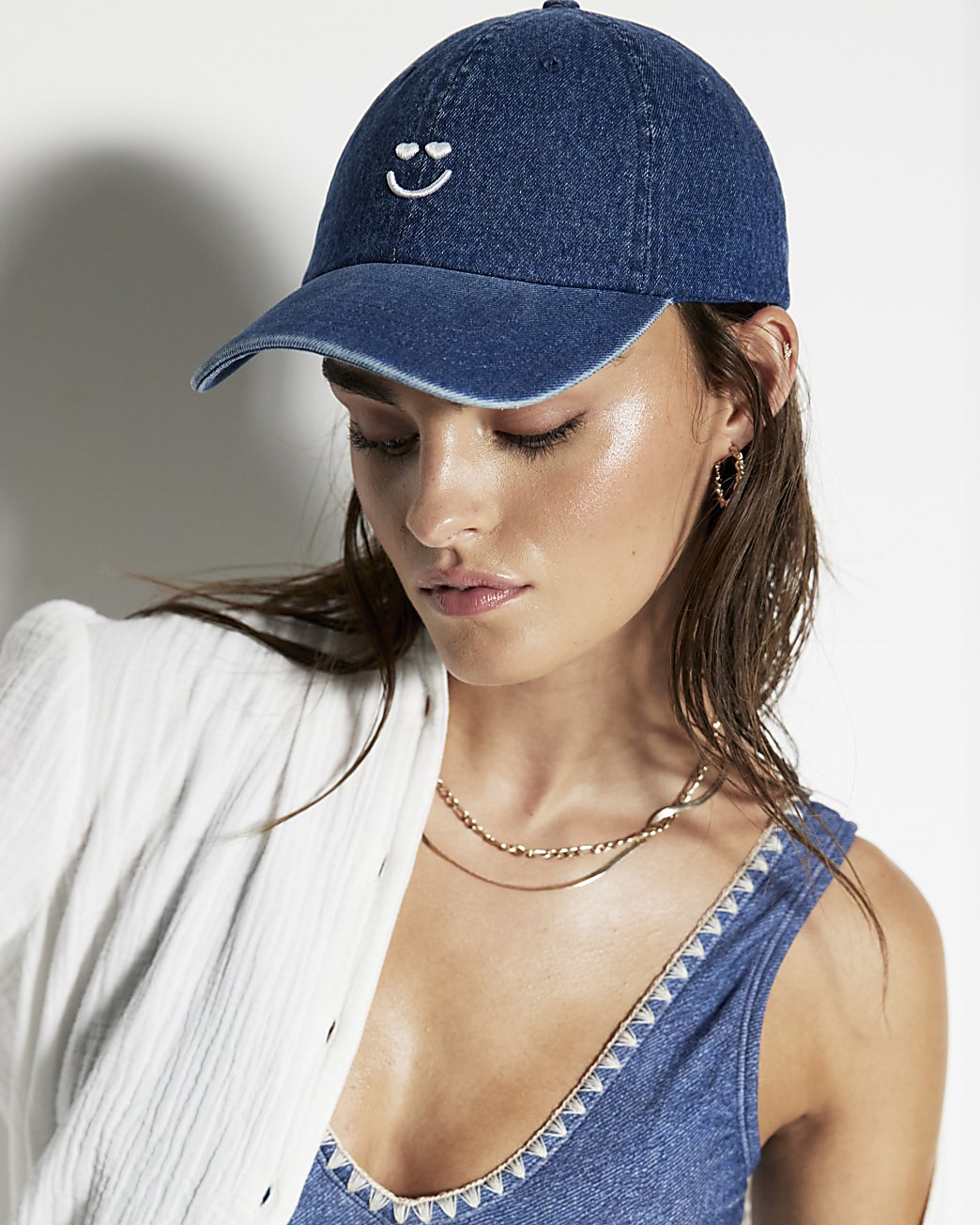 Blue Denim Smile Embroidered Cap | River Island (UK & IE)