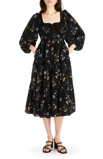 Madewell Xiomara Floral Print Long Sleeve Cotton Dress in True Black at Nordstrom Rack, Size 8 | Nordstrom Rack