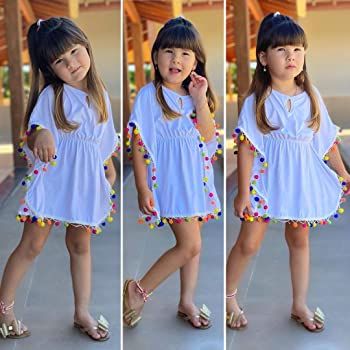 Tiacham Toddler Baby Girls Swimsuit Coverup Beach Dresses Tassels Cover Up Pompom Poncho Rash Guards | Amazon (US)