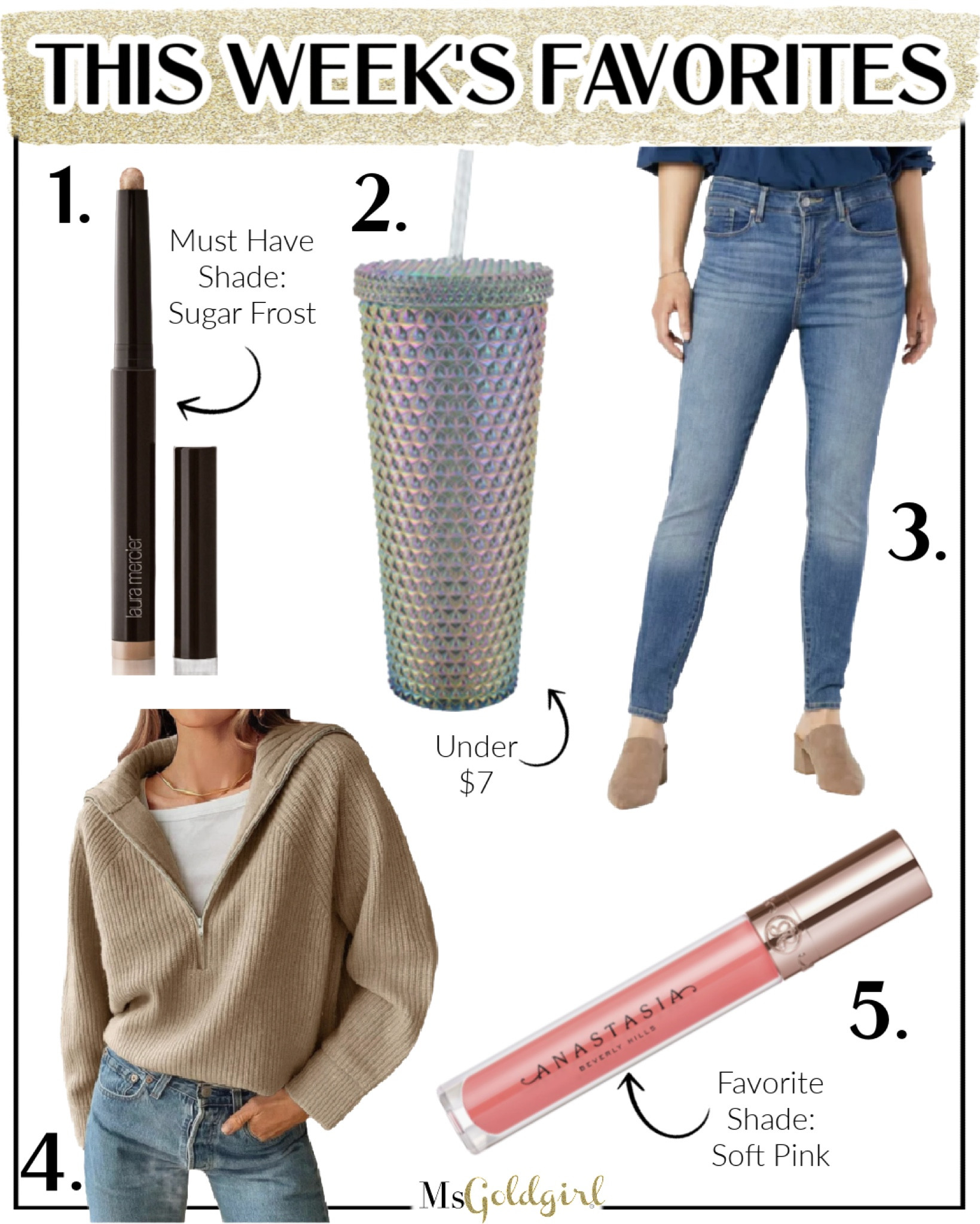 Here’s a run down of my favorites from this week:
1. This eyeshadow crayon in the shade Sugar Frost is the perfect one and done color. 
2. Lightweight and pretty, holds 25+ oz. of water and it’s under $7 (also comes in several other iridescent colors)
3. These skinny jeans are perfect to wear with tall boots-comes in extended sizing and 3 inseam lengths
4. Effortless and on trend and affordable half zip sweater. Runs TTS. 
5. If you love an opaque lip gloss, this one is perfection. Loving it on its own or layered over a similar color lipstick for added longevity and shine. 

#beautyover40 #beautyover50 #amazonfinds #walmartfinds #nordstrombeauty 

#LTKover40 #LTKbeauty #LTKfindsunder50