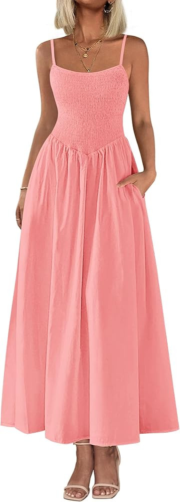 PRETTYGARDEN Women's Smocked Maxi Dresses 2025 Summer Beach Sundress Casual Spaghetti Strap Swing... | Amazon (US)