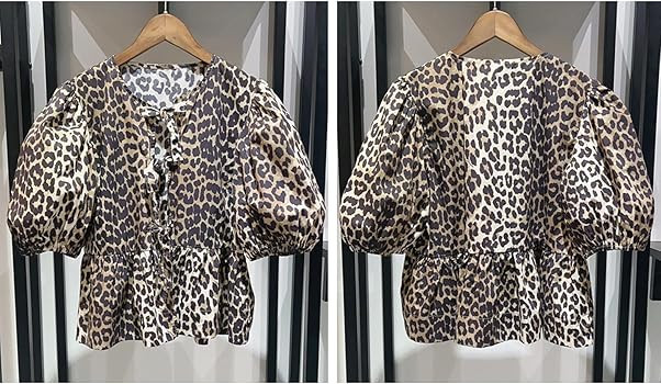 Tie Front Tops Women Y2k Leopard Print Peplum Babydoll Top 3/4 Length Puff Sleeve Coquette Tops C... | Amazon (US)