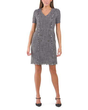 Short Sleeve Boucle Shift Dress With Button Detail | TJ Maxx