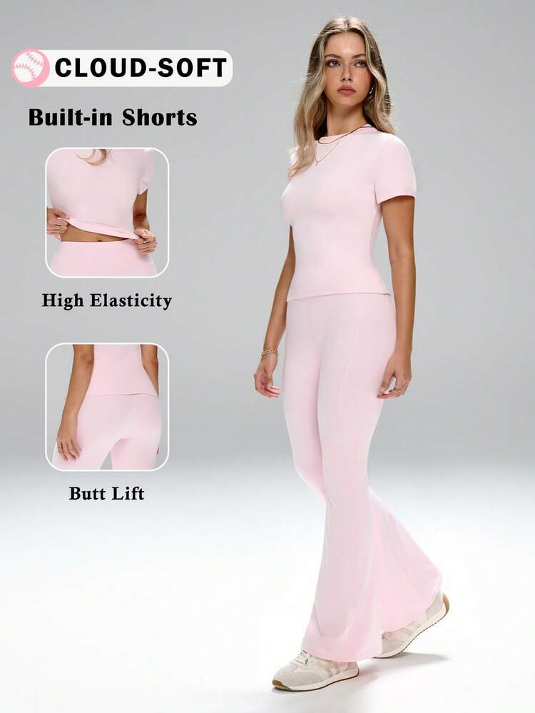 FWH Daily-Wear Two Pieces Set For Women: Base-Style, Versatile And Conservative Design Suitable For Outdoor Commuting, Office, Fitness & Yoga. Features Sweet And Elegant Gentle Style, Slim-Fitting With Waist-Contracting Elastic Fabric. Round Neck, Short Sleeve Top Paired With High-Waist, Tummy-Control Micro-Flare Sports Pants For Leg-Lengthening Effect. Pink Summer | SHEIN
