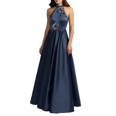 Mac Duggal Satin Sleeveless Floral Detail A Line Gown in Midnight at Nordstrom, Size 6 | Nordstrom